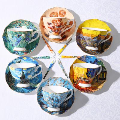 China Viable Hand Painted Van Gogh Art Painting Coffee Cup Set Garden Party Ceramic Tea Cup With Saucer for sale