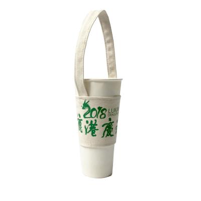 China Custom Reusable Canvas Cotton Reusable Canvas Coffee Coke Sleeve Mug Carrier Takeaway Cup Holder With Handle for sale