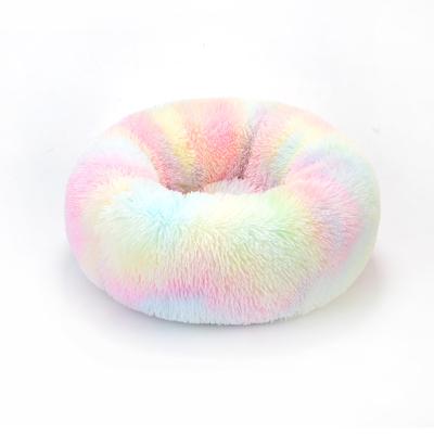 China Long Faux Fur Fabric Dog Bed Donut Cozy Round Dog Bed Super Soft Washable Pet Cushion Bed In Rainbow Color for sale