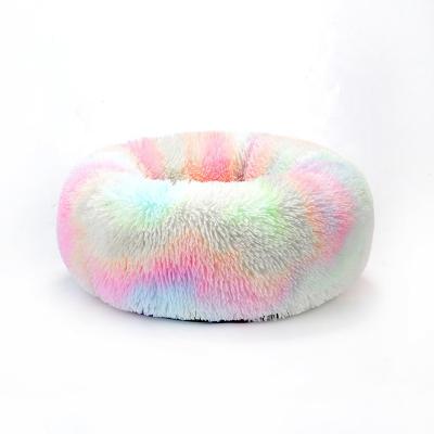 China Wholesale Custom Made Viable Luxury Soft Plush Pet Bed Cushion Donut Round Cat Dog Sofa Bed Warm in Rainbow Color for sale