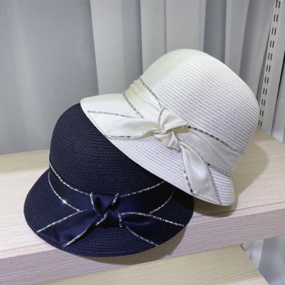 China Picture Summer High End Straw Knitted Bowknot Diamond Edge Female Parasol Straw Hat for sale