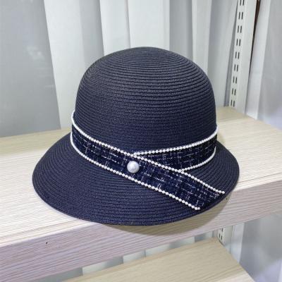 China French Straw Woven Pearl Picture Bucket Hat Women's Fashion Beach Straw Hat for sale