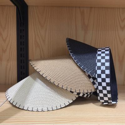 China Character designer the same high-end sunshade hollow style letter fashion plaid straw hat summer beach top hat for sale