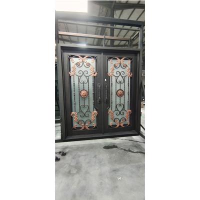 China Waterproof American Villa Black Classic Double Main Luxury Glass Entrance Front Entry Wrought Iron Door for sale