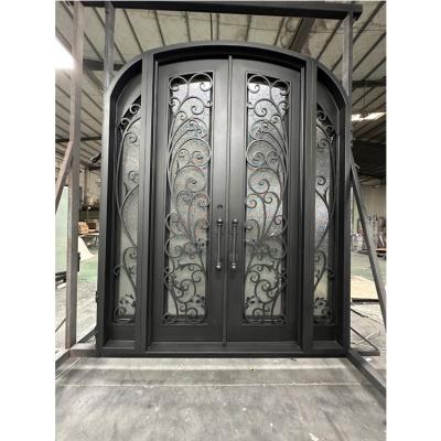 China Waterproof Exquisitely Modern Design Eyebrow Double Front Main Wrought Iron Exterior Door for sale