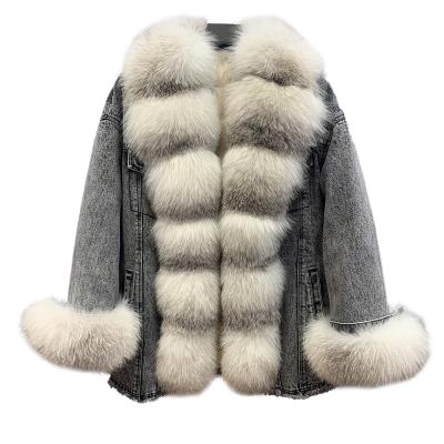 China 2021 New Arrivals Custom Made Fox Fur Coat Denim Jacket Breathable Women Long With Big Fur Collar And Cuff for sale