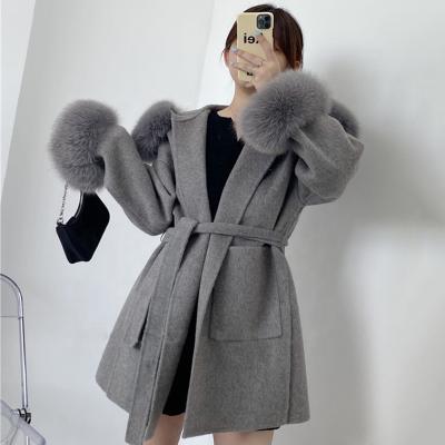 China Warm Sale Winter Anti-Shrink Hood Long Coat Women Wool Ditch Cashmere Coats With Fox Fur Cuff for sale