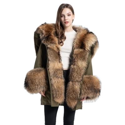 China Viable winter thick warm fashion hooded down parka women real raccoon fur parka jacket with big fur collar for sale