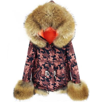 China 2021 hot sale new arrival women anti-shrink camouflage fashion winter raccoon fur parka jacket for sale