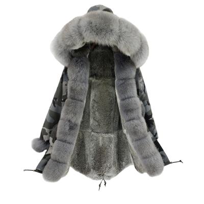 China Real natural rabbit fur camouflage design anti-shrink coat striping and real fox fur trimming fur parka for sale