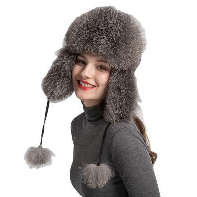 China 2021 real JOINT wholesale real fur hat women winter fur hat fabric fox raccoon fur pompom hat for sale