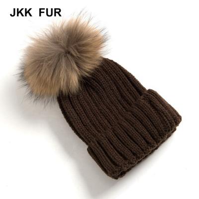 China JOINT Hot Selling Wide Varieties Knitted Real Fur Winter Ladies Pom Pom Hats for sale