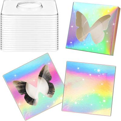 China New Reused Materials 2021 Style Custom Cheap Glitter Square Eyelash Logo Packaging Box Elegant With Butterfly Shape Clear Window for sale