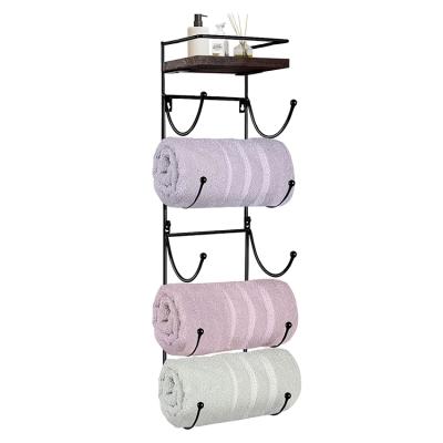 China Wall Mounted Stable Towel Rack With Top Wooden Shelf Towel/Wine Rack Holder Organizer 5 Compartments For Bathroom Storage Bath Towels for sale