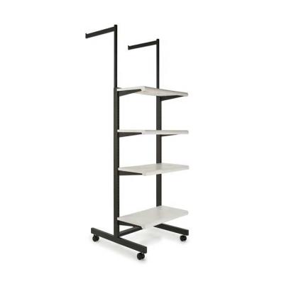 China Durable Black Metal Clothing Display Rack Fixture With 4 Shelves And 2 Wooden Hangrails à venda