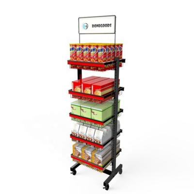 China Durable China Customized 5 Tiers Floor Food Display Stand Promotion Racks With Removable Wheels For Retail Store , Supermarket Te koop