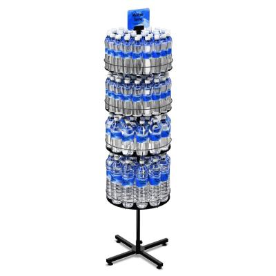 China Floor Rotating Heavy Duty Water Drinks Display Stand Shampoo Bottle Rack With 4 Round Metal Trays With Steel X-Base for sale