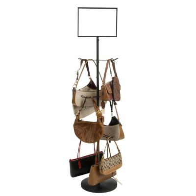 中国 China Wholesale Rotating Floor Standing Purse Holder For Bags Tote Bag Holder Rack Fixture Handbag Holder With Rotating Hooks And Sign Holder 販売のため