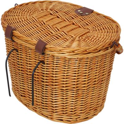 China PedalPro Durable Vintage Wicker Bicycle Basket with Folding Lid and Leather Straps for sale