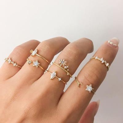 China Other 2020 Hot Selling 7 Pieces Set Rings For Women Star Crescent Flower Popular Finger Ring Gold Plated Rhinestone Jewelry for sale