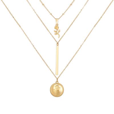 China FASHIONABLE Most Popular Multilayer Gold Plated Rose And Bar Pendants Chains Necklace For Women Jewelry for sale