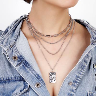 China 2020 FASHIONABLE Multilayer Rectangle Statement Link Chain Trendy Silver Coating Pendant Necklace For Women for sale