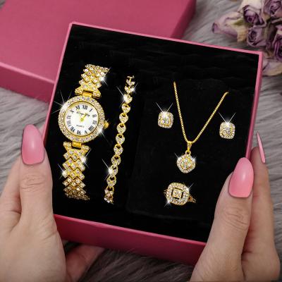 China FINETOO Fashion Crystal 5 Pcs Luxury Full Watch Set Diamond Necklace Earrings Set Jewelry For Women Gift 2021 for sale