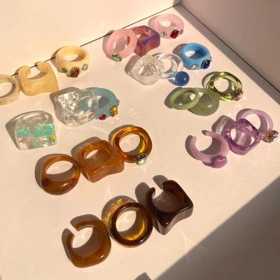 China Other Wholesale Fashion Colorful Resin Rings Set Square Clear Geometric Round Shape Acrylic Rings For Unisex Jewelry for sale