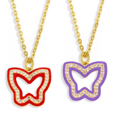 China CLASSIC 18k Gold Plated Zircon Hollow Butterfly Necklace CZ Colored Enamel Butterfly Pendant Necklace for sale