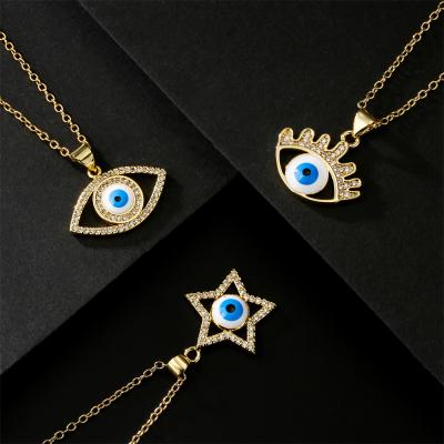 China CLASSIC 18k Gold Plated Micro Pave Cubic Zircon Star Evil Eyes Blue Eye Shaped Necklace Pendant Necklace for sale