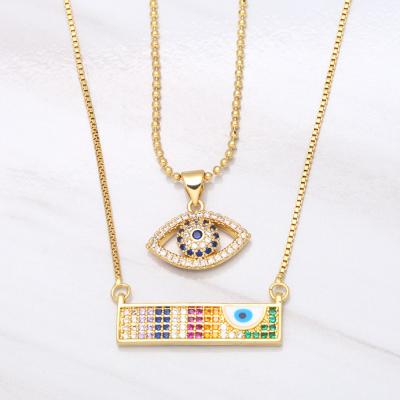 China CZ Crystal Rectangle Bar Necklace Rainbow Blue Cubic Zircon Devil Eyes Necklace 18k Gold Plated CLASSIC for sale