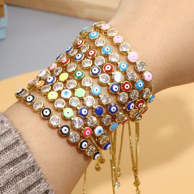 China CZ Crystal Turkish Eye Bracelet New Arrivals 18k Gold Plated Multi Color Oil Evil Eye Bracelet Adjustable Blue Enamel Turkish Eye Drip Bracelet for sale