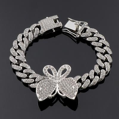 China Hip Hop Lead Free Nickel Free Micro Inlaid CZ Butterfly Miami Cuban Chain Bracelet Iced Out Butterfly Cuban Chain Bracelet for sale