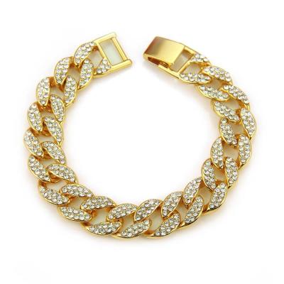 China European Best Selling Goods Rhinestone Crystal Cuban Chain Men's Hiphops 15mm Full Gold Plating Bracelet for sale