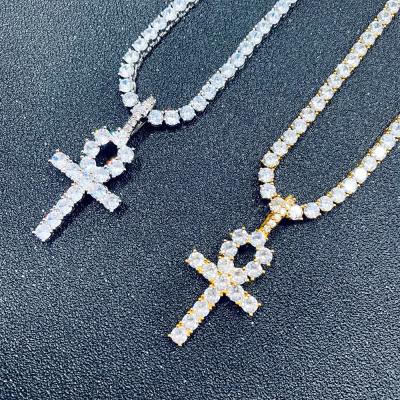 China Environmentally Friendly Luxury Hip Hops Christian Jewelry 16/18/20/24inch Iced Out Ankh Cubic Cross Chain Tennis CZ Zircon Pendant Necklace for sale