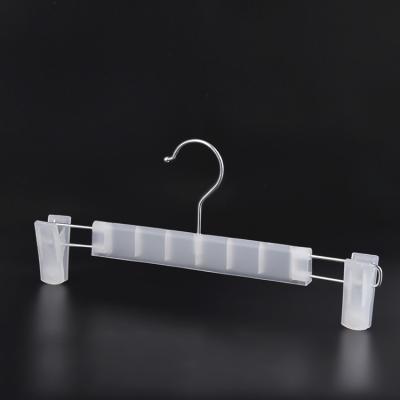 China Durable Customized Adjustable Clear Hanger Percha Clear Plastic Frosted Material Display Pants Hanger With Clip for sale