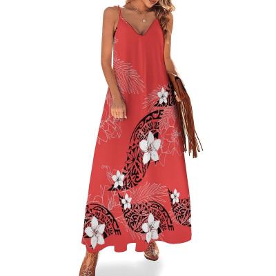 China Polynesian dresses high quality cotton anti-static polyester plus size women's red island print puletasi samoan sling dress maxi dress for sale