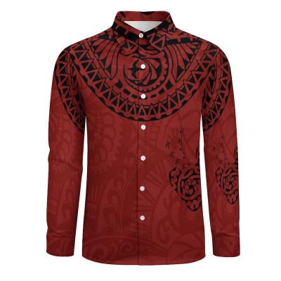 China Anti-pilling Hot Selling Hawaiian Shirt Men Long Sleeve Print Shirts Custom Made Formal Brown Polynesian Tribal Full Sleeve Shirts for sale