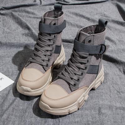 China 2019 Flat Fashion Sewing Yarn Women Casual PU Canvas High Top Lace Up Boot for sale