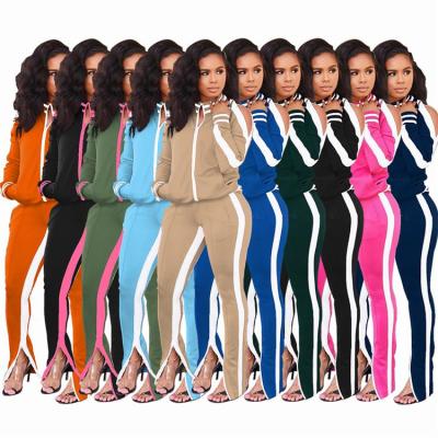 China Anti-Wrinkle Anti-Wrinkle Yoga Gear Side Stripe Open Shoulder Zipper Sports Women Outfits Set Women 2 Piece Set Tracksuits for sale