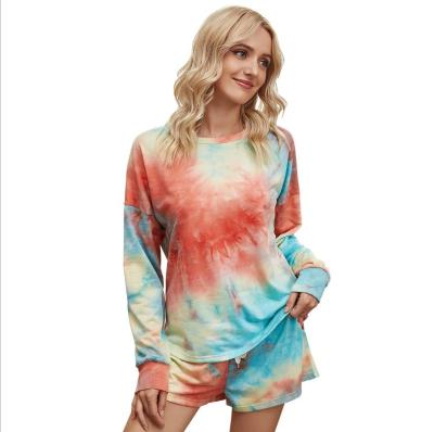 China Women Sleepwear QUICK DRY QUICK DRY Lounge Use Loungewear Pajamas Casual Place Tie Dye Gradient Drawstring Sweater Shorts Long Sleeve Suit for sale