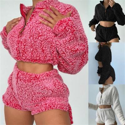 China Ne Crop Crew Sweatshirt Breathable Zipper Pullover Long Sleeve Short Pants Set Scrambled Two Piece Set For Women for sale