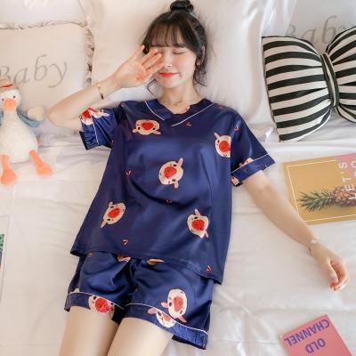 China Summer home simulation silk women's short sleeve ice cream short pajamas ladies QUICK-DRY silk cute silk female QUICK-DRY short pajamas suit for sale