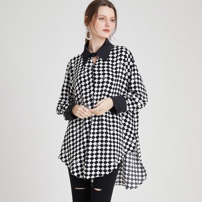 China 2022 Viable Central Institute of Statistics Fashion Checkerboard Contrast Lapel Slit Hot Selling Top Shirt Plus Size XL 2XL 3XL 4XL Women's Shirt For Women for sale