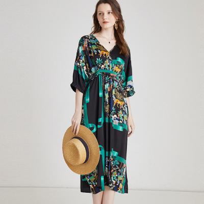 China 2022 Summer New Women's Viable Wholesale Floral Printed Casual Women's XL 2XL 3XL 4XL Satin Print Lace-Up Dress Brown for sale