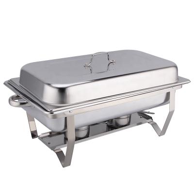 China Modern Hotel Supply Stainless Steel Food Warmer Buffet Stove Rectangle Serving Tray Durable Chafing Dish With Foldable Stand for sale