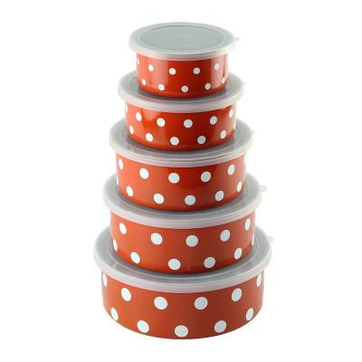 China Viable Flower Decal Red and White 5PCS Stainless Steel Lunch Box Round Mixing Bowl Set With Lid for sale