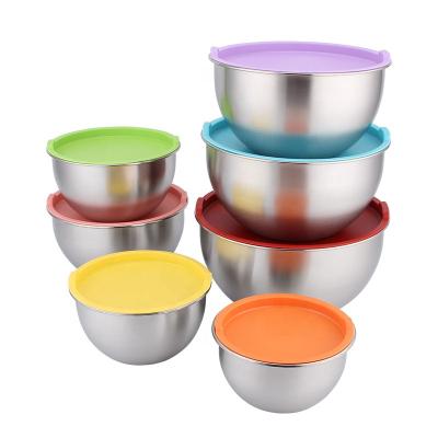 China Sustainable Modern Home Stainless Steel Kitchenware Storage Mixing Bowl Set With Color Plastic Lid for sale