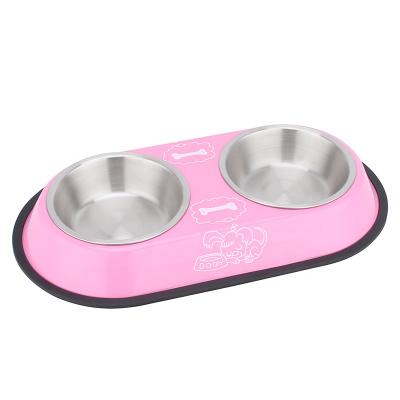 China Durable Non-Slip Stainless Steel Pet Food Double Wheels Cartoon Metal Travel Water Feeding Bowl For Cats And Dogs for sale