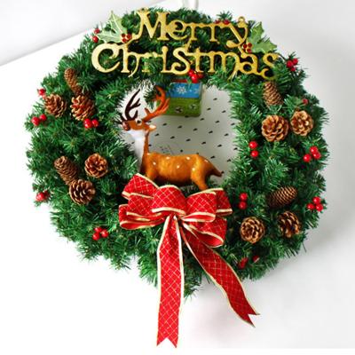 China Beautiful Christmas Ornaments Braid Pinecone Purple Bow Ties Window Door Christmas Wreath With Reindeer for sale